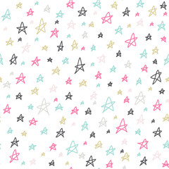 Seamless stars pattern. Colorful hand drawn doodles on white background. Vector illustration. Seamless pattern can be used for wallpapers, pattern fills, web page backgrounds,surface textures.