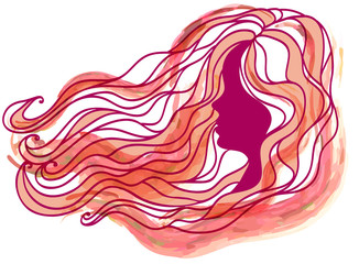 Vector silhouette of a woman long wavy hair on a white background