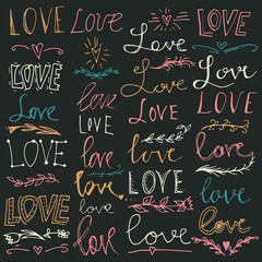 Set of hand-written words. Love lettering. Vector text for your design.