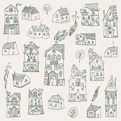 Set of cute hand drawn houses. Vector illustration.