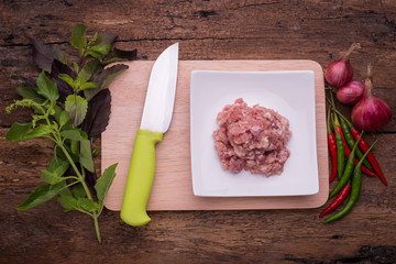 Preparation Cooking spicy pork stir fry with basil leaves