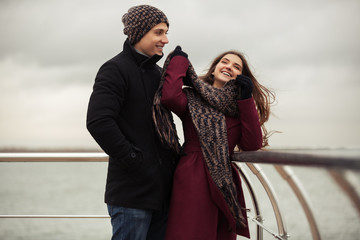 Happy young couple in love walking outdoor