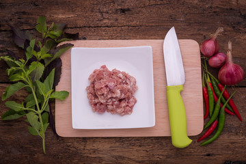 Preparation Cooking spicy pork stir fry with basil leaves
