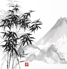 Bamboo and mountains, hand-drawn with ink in traditional Japanese style sumi-e. Vector illustration. Contains hieroglyph - happiness.