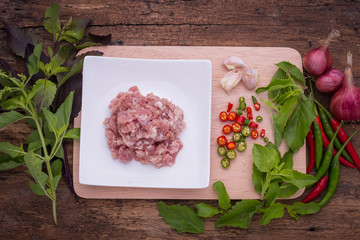 Preparation Cooking spicy pork stir fry with basil leaves