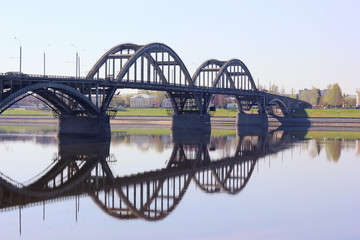 The bridge across the Volga river, the Rybinsk city.