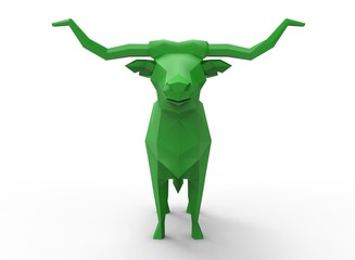 longhorn character. cartoon low poly 3D illustration of animal. green triangles and polygons. on white background isolated with shadow.