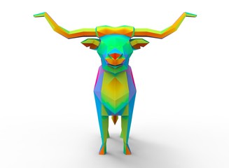 longhorn character. cartoon low poly 3D illustration of animal. rainbow triangles and polygons. on white background isolated with shadow.