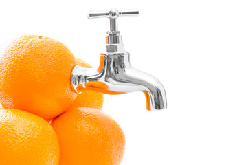 Conception of oranges with metal tap on white background.