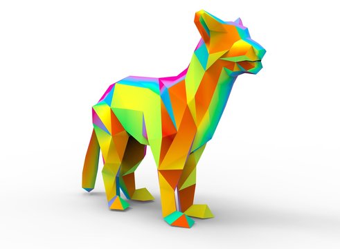 mountain lion character. cartoon low poly 3D illustration of animal. rainbow triangles and polygons. on white background isolated with shadow.
