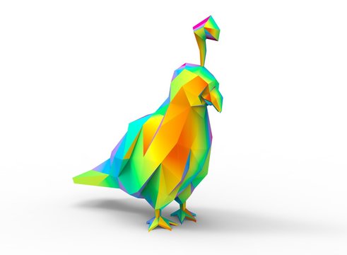 california quail character. cartoon low poly 3D illustration of animal. rainbow triangles and polygons. on white background isolated with shadow.