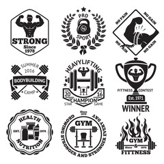 Set of Bodybuilding and Fittness labels - bodybuilder, dumbbell, strong hand, barbells, goblet, laurel, sport nutrition, another bodybuilding stuff. Vector