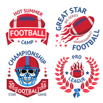 Set of american football labels with  burning ball, scull in helmet, laurel. Vector