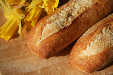 Closeup of two french baguettes and a daffodil