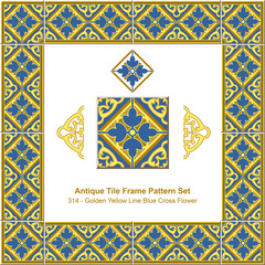 Antique tile frame pattern set_314 Golden Yellow Line Blue Cross Flower
