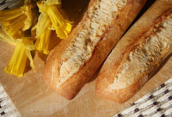 Top view of two french baguettes and a daffodil