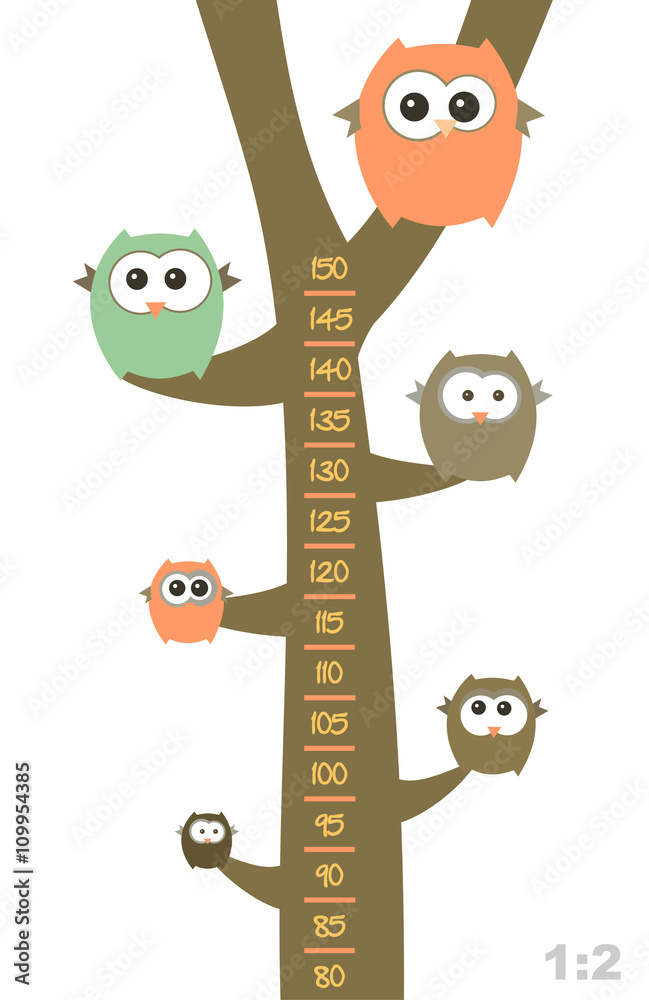Fototapete Baby height measure with funny owls on the tree (scale 1:2).