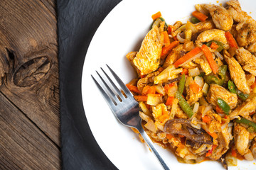 Fried chicken pieces with vegetables.