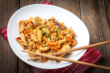 Fried chicken pieces with vegetables.