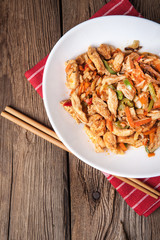 Fried chicken pieces with vegetables.