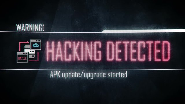 Hacking detected, warning screen text, system message, notification

