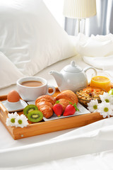 Breakfast tray in bed in hotel room