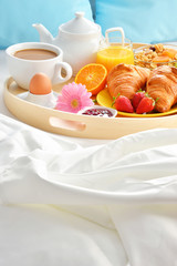 Breakfast tray in bed in hotel room