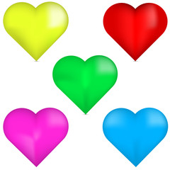 3D red heart, 3D yellow heart, 3D green heart, 3D pink heart, 3D blue heart. Set of 3D colorful hearts. Colorful hearts isolated on white background. Set of beautiful hearts.