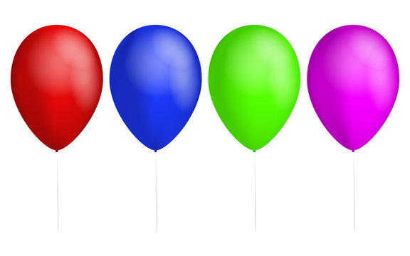 Set of four colorful balloons. Red balloon. Blue Balloon. Green balloon. Pink balloon. Ballons with rope or cord. Shiny birthday balloons. Balloons with white reflection. 