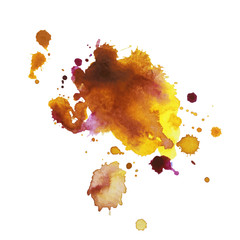 Abstract watercolor stain with splashes of  yellow orange ocher color