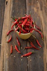 Red Hot Chili Peppers in a cup on old wooden background