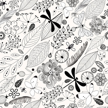 Floral seamless pattern with butterflies
