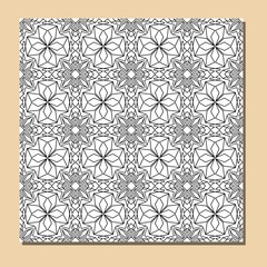 Cubist ornamental seamless tile in black and white, square decorative element composed of polygonal shapes