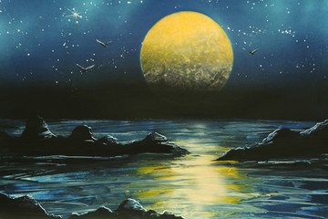 Full moon illustration from the shore reflected by the sea, with clear blue sky surrounded with stars.