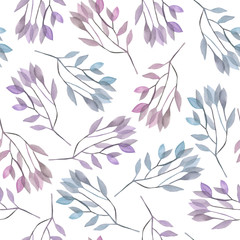 Fototapeta na wymiar Seamless pattern with the watercolor leaves and branches on a white background, wedding decoration, hand drawn in a pastel