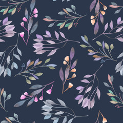 Fototapeta na wymiar Seamless pattern with watercolor leaves and branches on a dark blue background, hand drawn in a pastel, wedding decoration