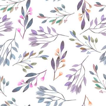 Seamless pattern with watercolor leaves and branches on a white background, hand drawn in a pastel, wedding decoration