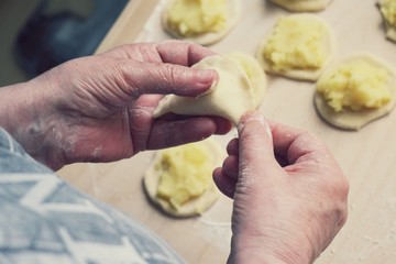 Female hands making dumplings close up