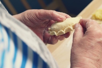 Female hands making dumplings close up