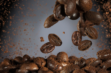 roasted coffee beans falling down