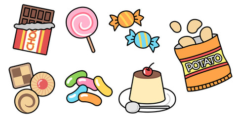 お菓子のイラスト　セット素材　チョコ・クッキー・キャンディ・ポテチ・プリン
