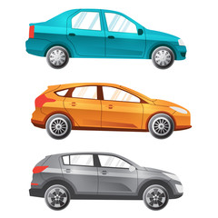 Fototapeta na wymiar Three coloured separated vector cars. Sedan, universal, crossover. Illustration for infografics. 
