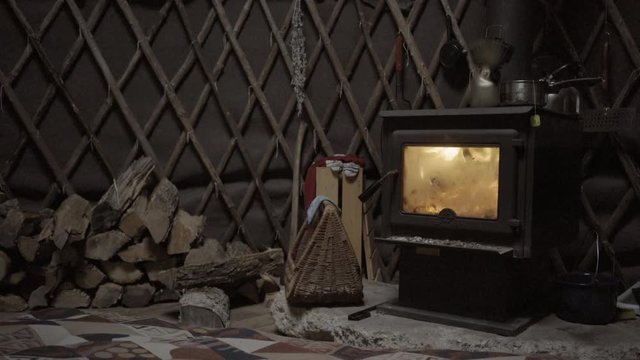 ontario canada cold snow 4K wood burning stove giving heat