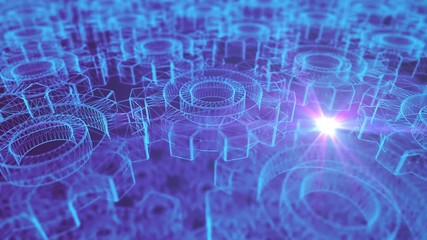 Seamless looping 3d animation of rotating blue wireframe gears