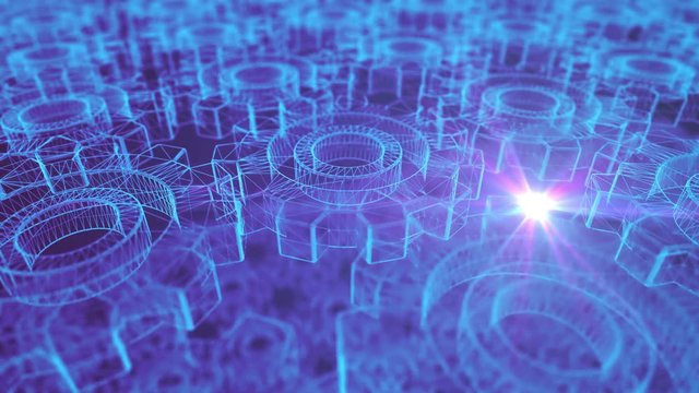 Seamless looping 3d animation of rotating blue wireframe gears