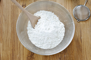 bowl with flour and spatula.