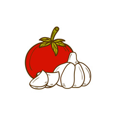 Vector illustration with cartoon garlic and tomato