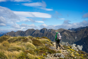 Woman hiker walking on an alpine section of the Kepler Track