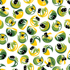 Black olive fruits with oil drops seamless pattern