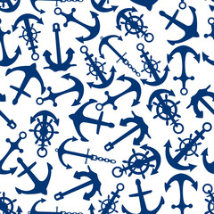 Nautical anchors, helms, chains seamless pattern